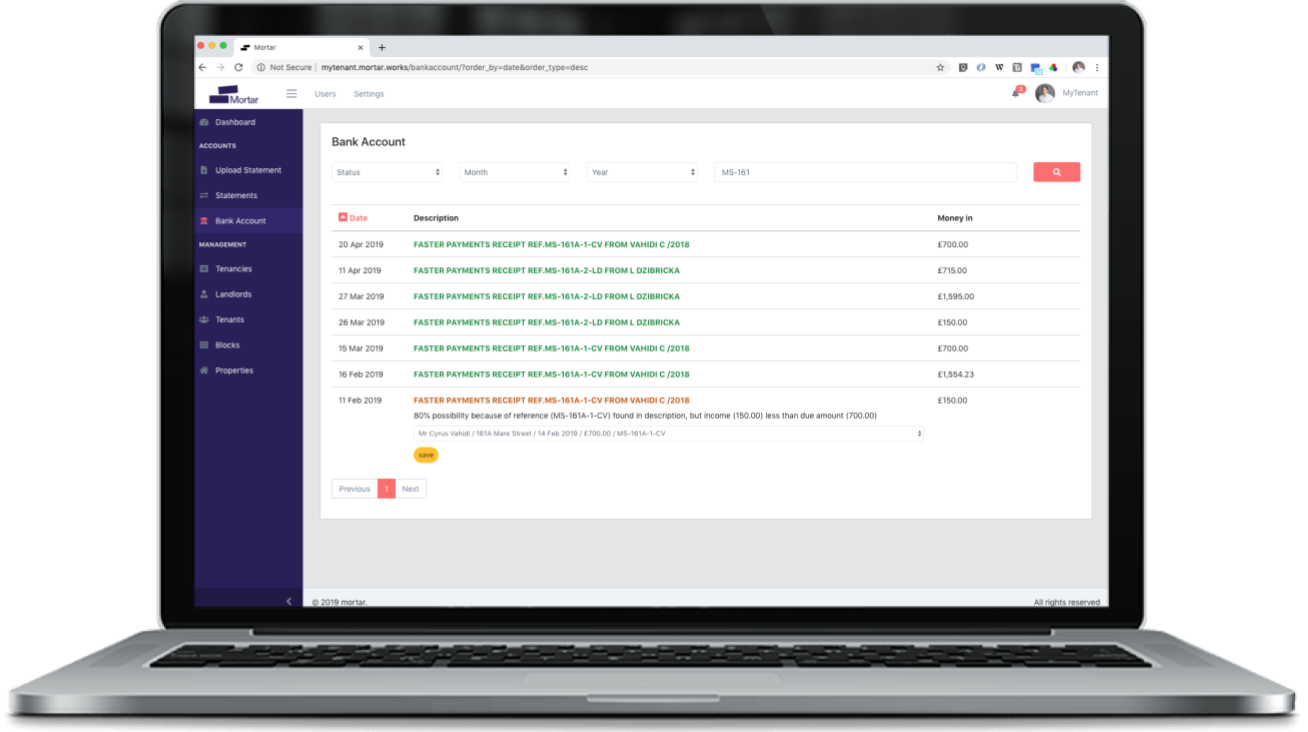 A screenshot showing a Mortar user interface for filtering financial information