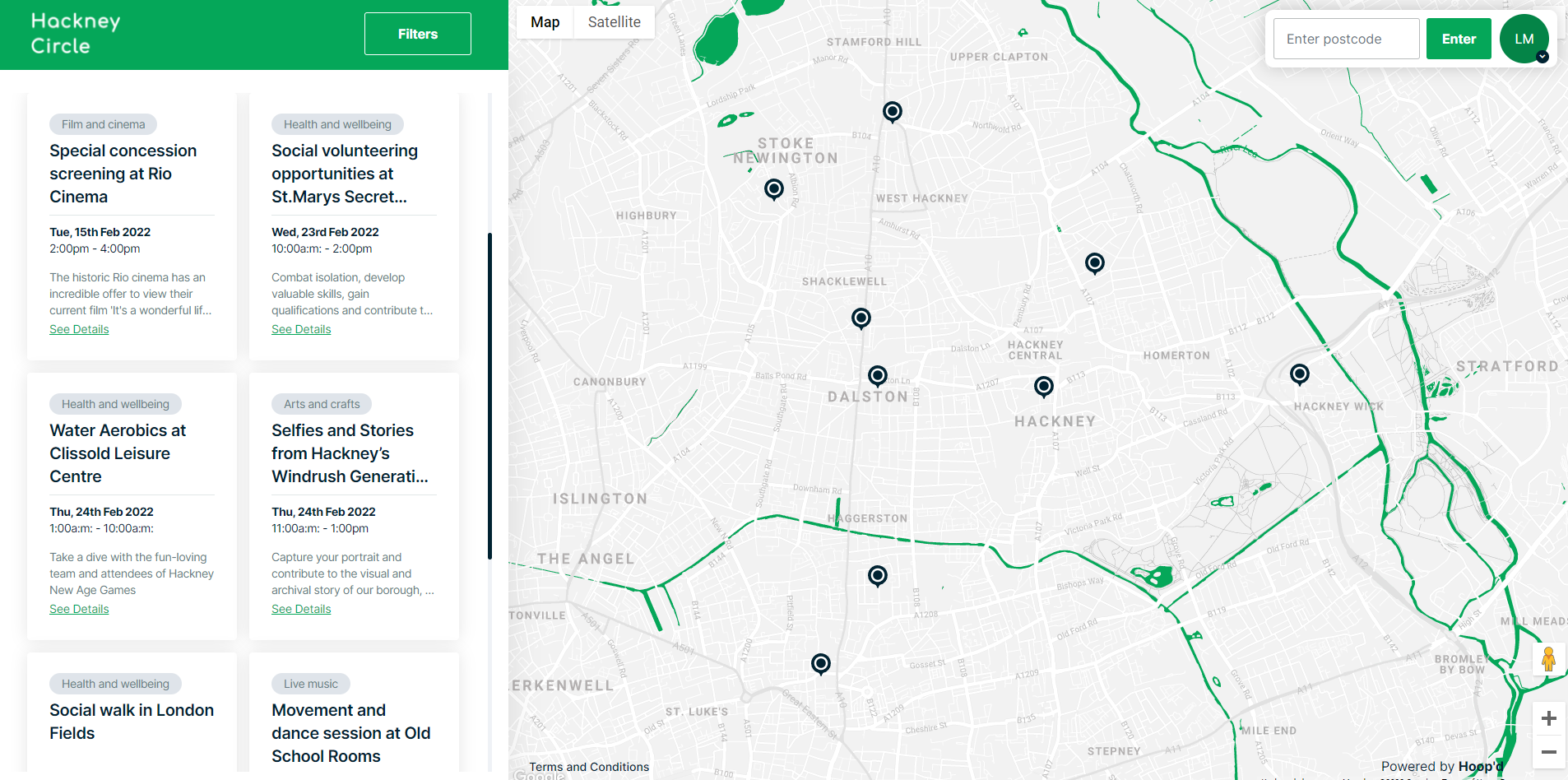 Screenshot showing hoop'd geo-spatial local area engagement information