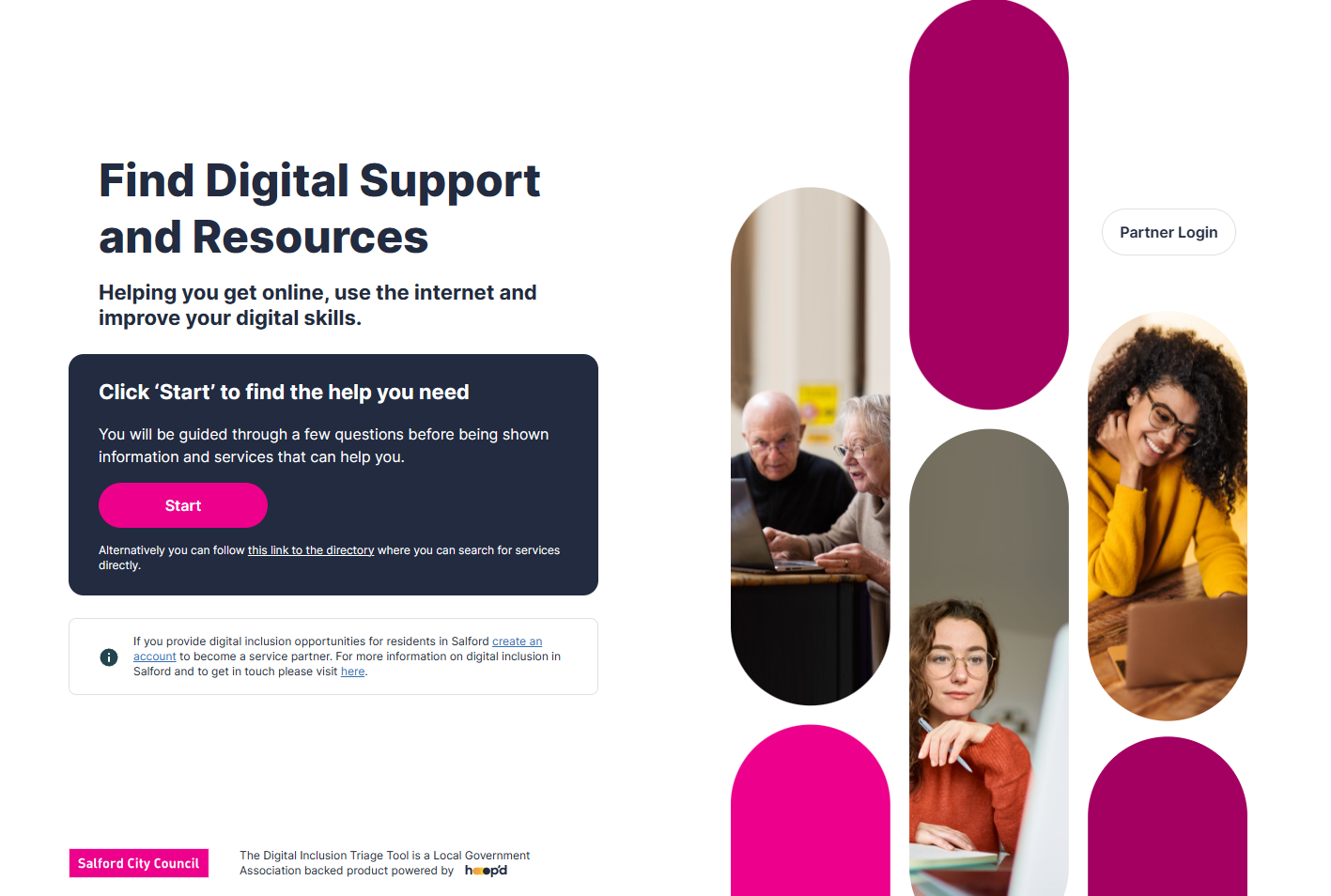 Examples of Digital Inclusion Triage Tool communication and splash pages