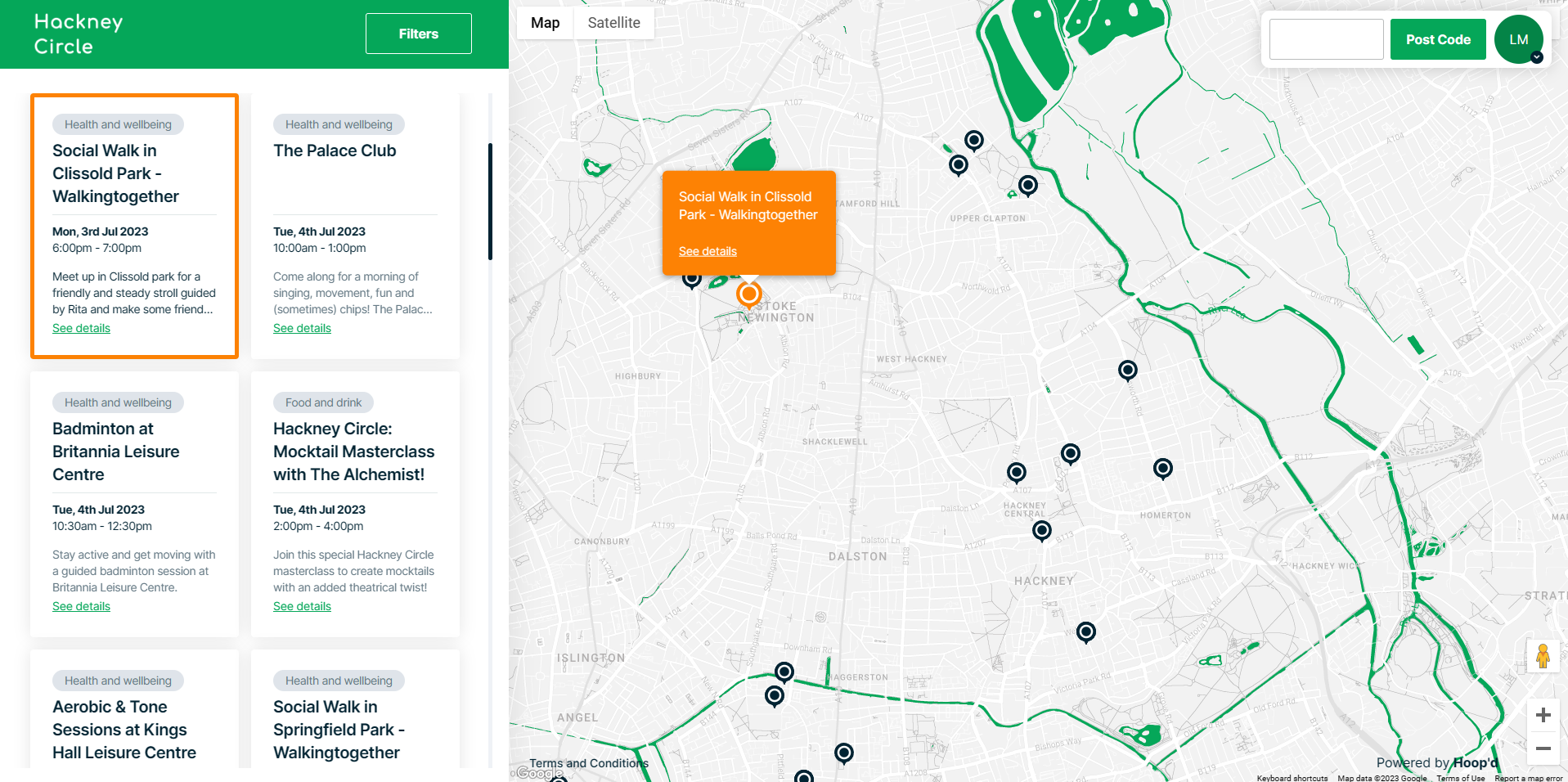 Hackney Circle platform showing upcoming activities and events