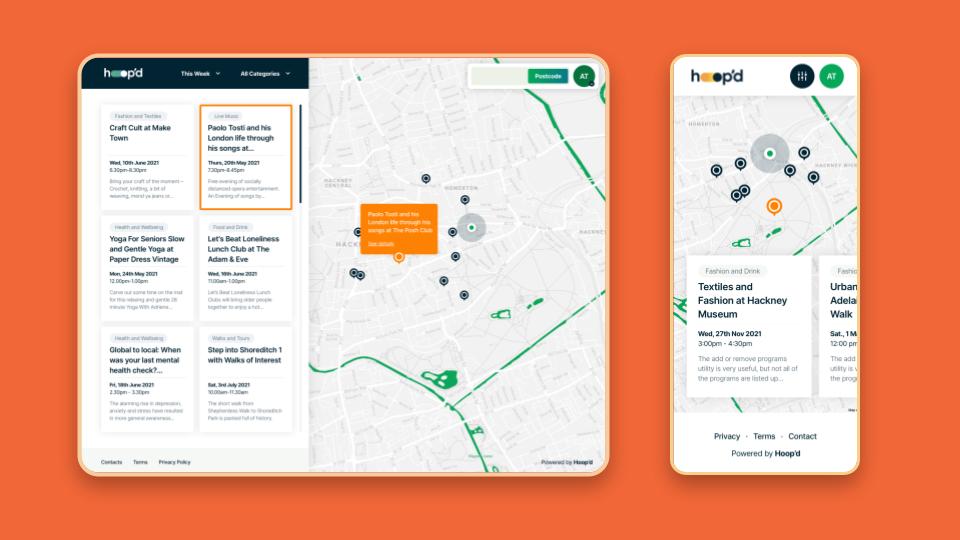 Mobile and desktop versions of the Hoop'd geospatial design for Hackney Council