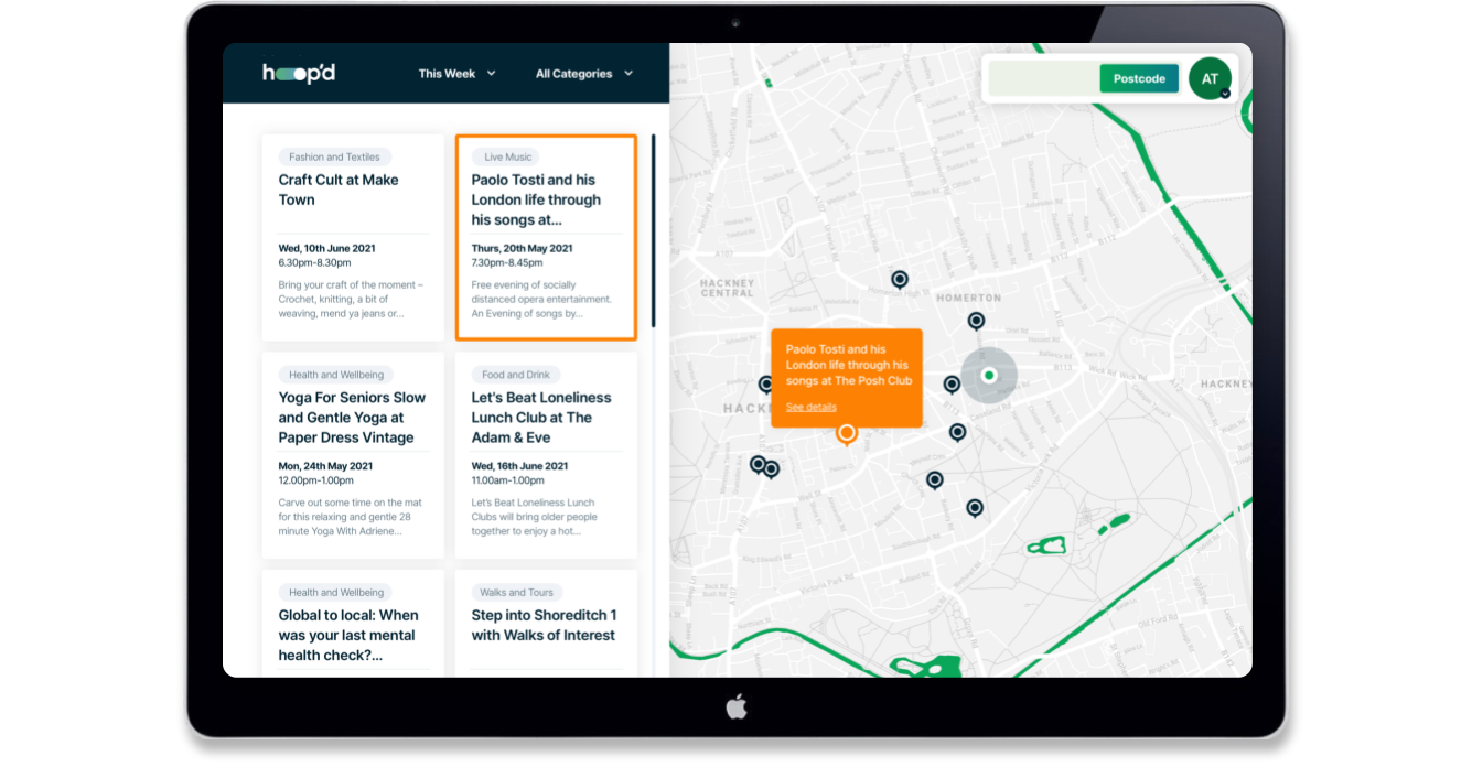 Screenshot showing hoop'd geo-spatial local area engagement information