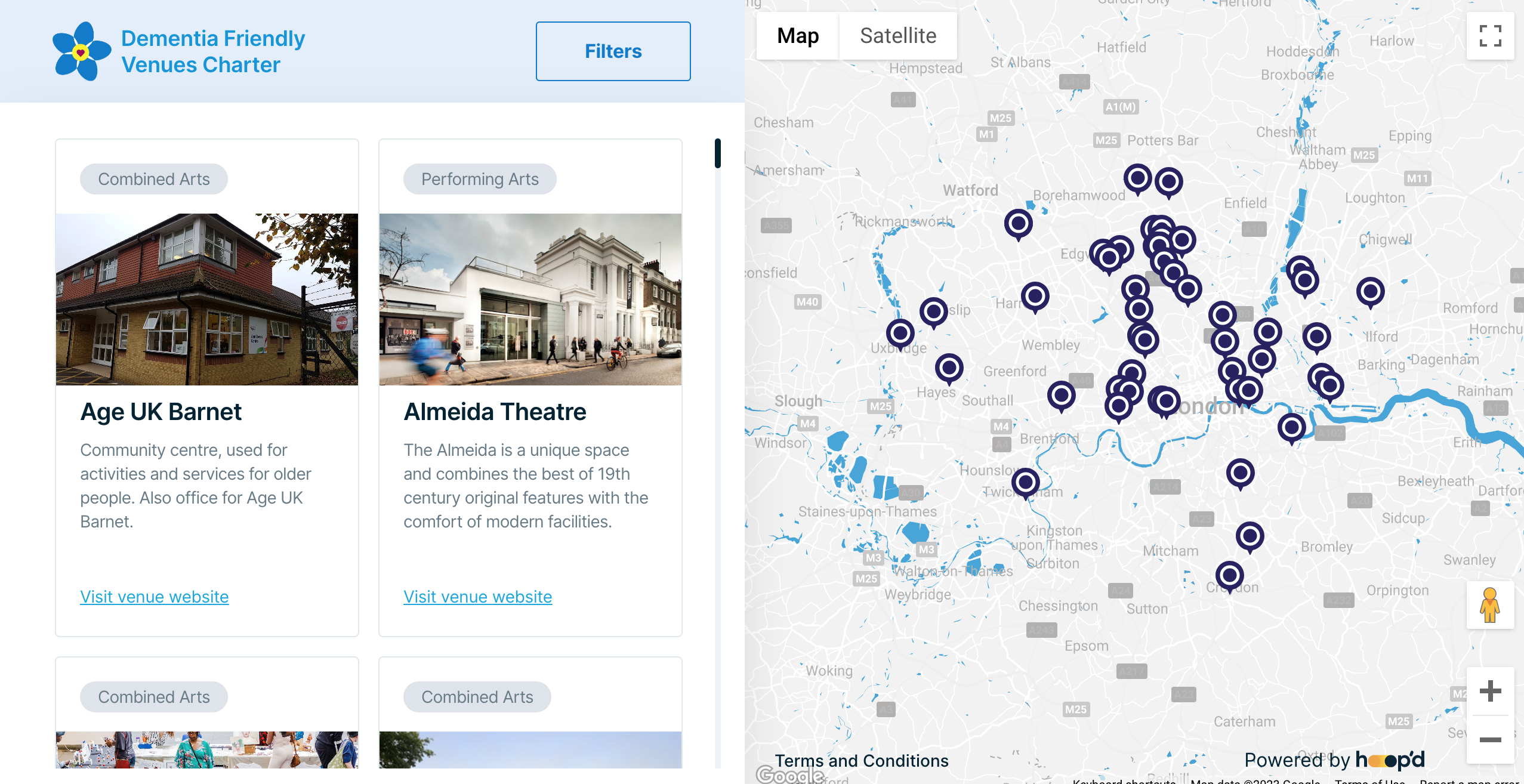 Screenshot showing the public Dementia Friendly Venues Charter map