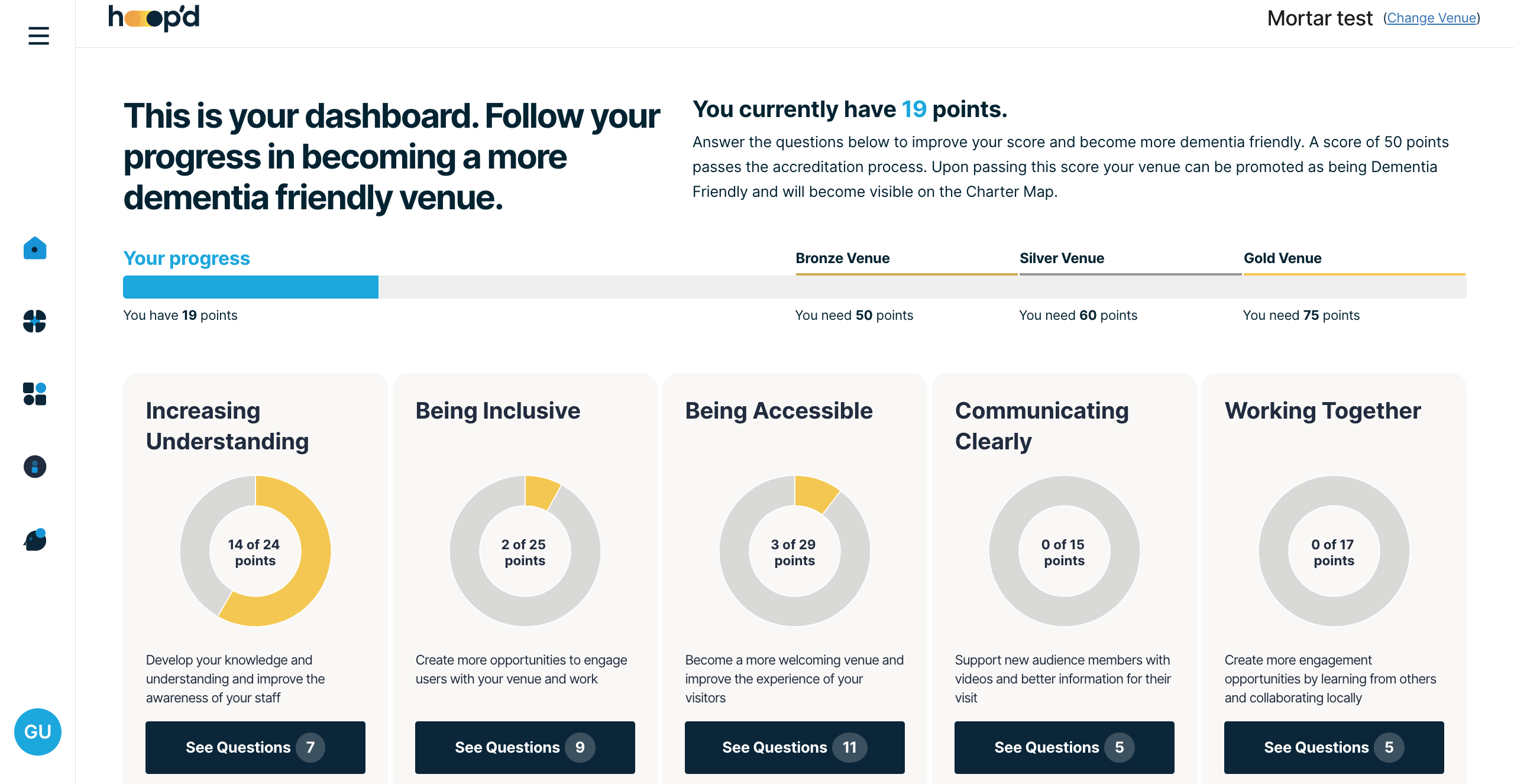 Screenshot showing the categories of questions for becoming a dementia friendly accredited venue