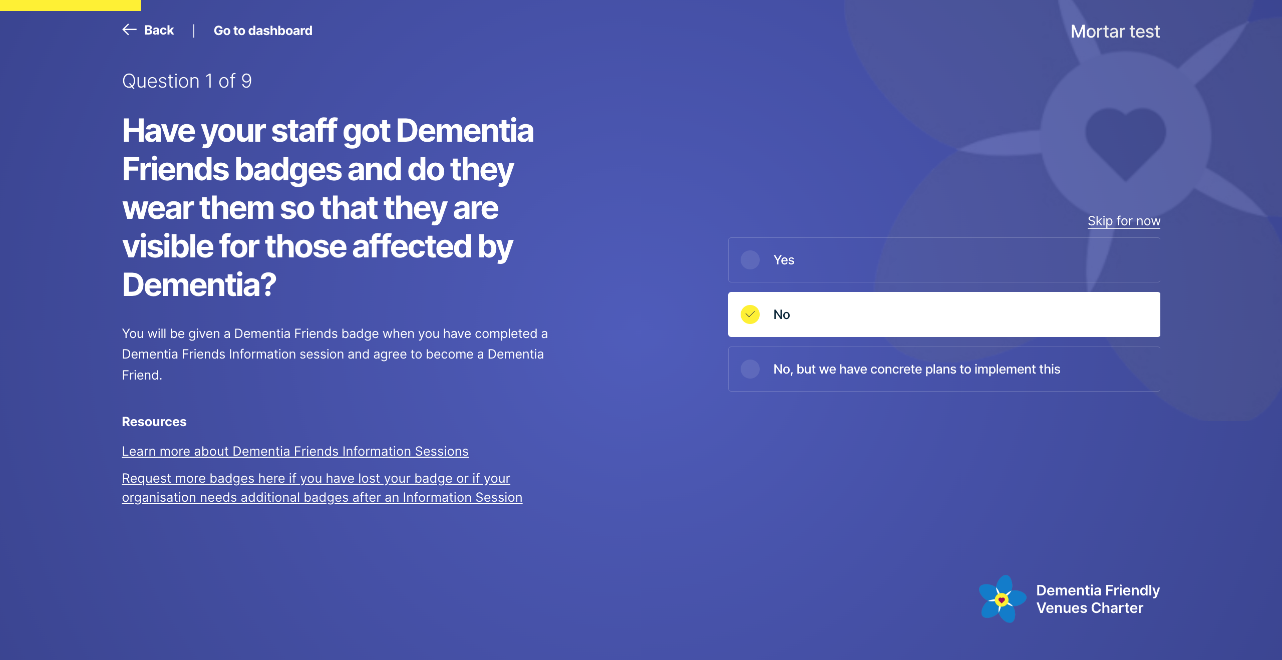 Screenshot showing one of the questions for a venue to become dementia friendly accredited
